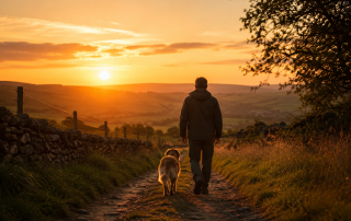 A dog Owner walking their dog along a country path at sunset, symbolising partnership, progress and the start of a successful training journey.