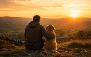 Dog Owner is sitting with their arm around their dog, both looking out across the countryside valley at Sunset, symbolising trust, reflection and partnership.