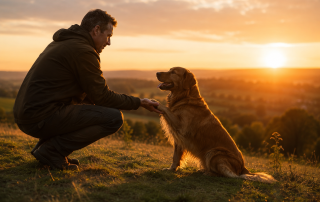 Dog Owner kneeling in front of his dog at Sunset, sharing a moment of connection and trust in the countryside.